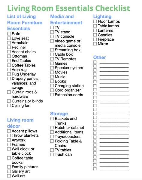 Living Room Checklist, Furniture Checklist, Living Room Items, Bedroom Checklist, Bedroom Planner, New Home Essentials, Room Checklist, Essentials Checklist, Next Bedroom