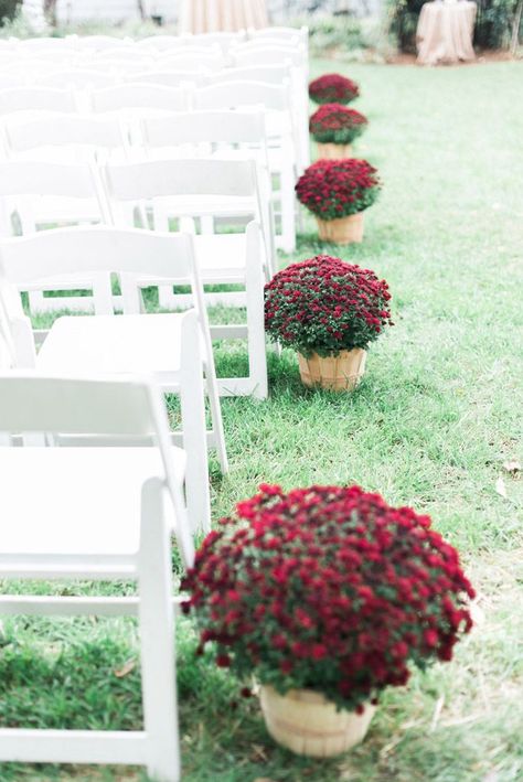 Fall Wedding DIY wedding Ideas - Red and Maroon Mums as ceremony aisle decors at an outdoor wedding in Cary NC | J Parker Photography  | via @SthrnBrideGroom SouthernBrideandGroom.com Boda Diy, Wedding Organizer Planner, Fall Wedding Diy, Pumpkin Wedding, Maroon Wedding, Outdoor Fall Wedding, Wedding Aisle Decorations, Wedding Shower Gifts, Fall Wedding Decorations