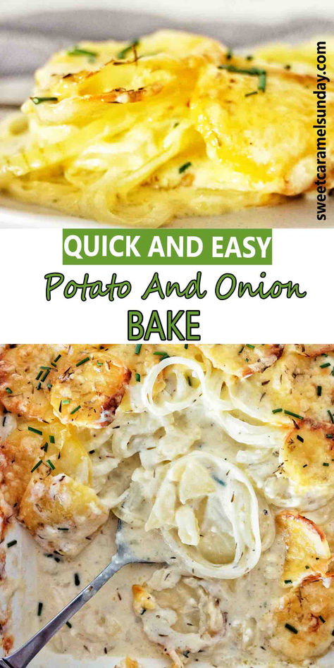 Potato bake with onions and cheese topping on white plate with text written between 2 images. Potato And Onion Casserole, Potato Onion Casserole, Sliced Potato Recipes Ovens, Sour Cream And Onion Recipes, Potato And Onions, Baked Potato Leftovers Recipes, Cheese And Potato Recipes, Potatoes And Onions Recipe, Onion Potato Recipes