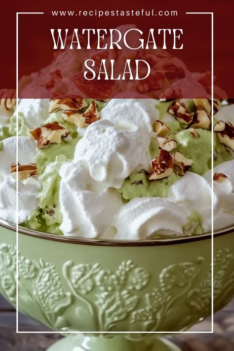 Watergate salad is an easy, delicious dump-and-go dessert made with Cool Whip, marshmallows, pineapple, pecans, and pistachio pudding. Perfect for picnics, potlucks, and family gatherings, it combines a delightful mix of textures and flavors. Pistachio Pudding Dessert Salad, Watergate Salad Recipe, Pistachio Pudding Salad, Marshmallow Salad, Pistachio Dessert Pudding, Cool Whip Desserts, Watergate Salad, Pistachio Dessert, Pistachio Salad