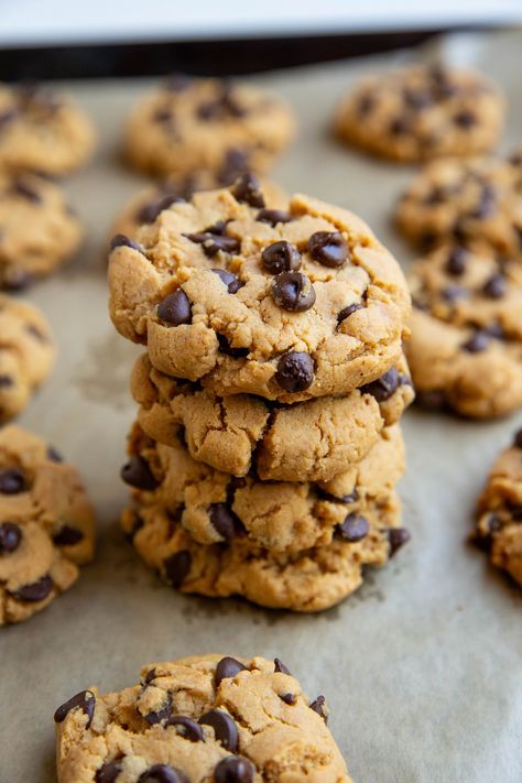 Flourless Peanut Butter Chocolate Chip Cookies - Flourless Peanut Butter Chocolate Chip Cookies made with 6 basic ingredients! The easiest peanut butter cookie recipe you’ll ever make! Flourless Pb Cookies, Flourless Peanut Butter Chocolate Chip, Flourless Peanut Butter Chocolate Chip Cookies, Nestle Chocolate Chip Cookies, Pb Cookies, Grain Free Cookies, Butter Cookie Recipe, 2023 Recipes, Easy Peanut Butter Cookies