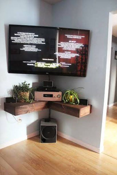 Did you ever look at your Tv & surround set up and think it was hideous? If the answer is yes, this DIY project is just right for you! Lately my husba Corner Tv Ideas, Small Corner Tv Stand, Corner Tv Wall Mount, Corner Shelf Ideas, Corner Tv Stands, Corner Tv Unit, Diy Tv Stand, Tv Shelf, Flat Screen Tv