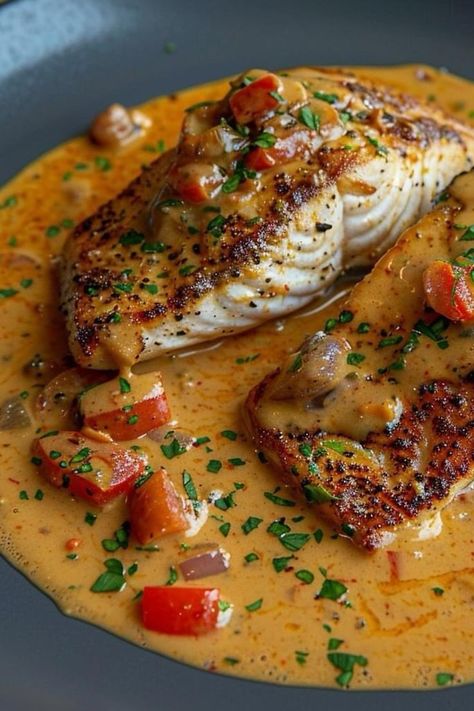 "A plate of salmon fillets topped with creamy Creole sauce, garnished with fresh herbs, perfect for seafood lovers and gourmet dinner at home." Creole Sauce Recipe, Snapper Recipes, Creole Sauce, Fish Dinner Recipes, Fish Recipes Healthy, Red Snapper, Fish Dinner, Diced Tomatoes, Health Dinner Recipes