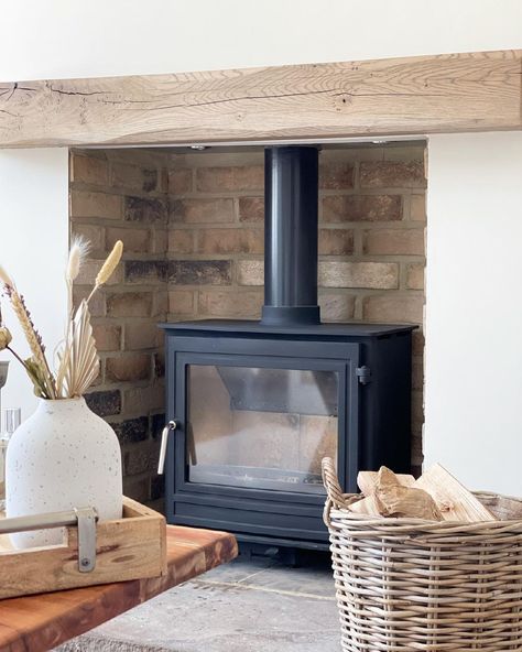 Large Log Burner, Log Burner Under Tv, Faux Log Burner Fireplace, Living Room Log Burner Decor, Log Burning Fireplace Ideas, Exposed Brick Log Burner, Woodburner Hearth Ideas, Log Burner No Chimney Breast, Cottage Log Burner