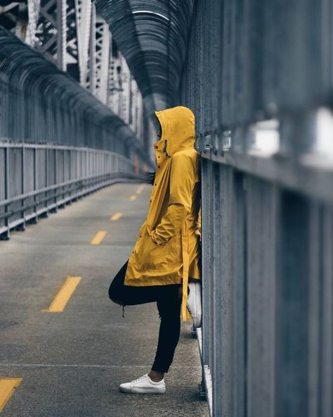 Rain Coat Aesthetic, Rain Photoshoot, Rain Fashion, Yellow Things, Creative Shoot, Yellow Coat, Hooded Cloak, Future Outfit, Be Awesome