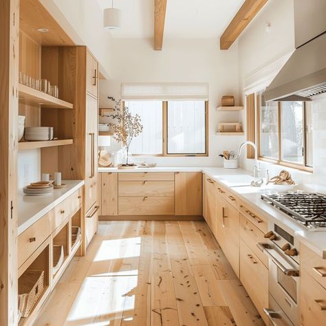 Modern Kitchen with Light Wood Cabinets Kitchen Remodel Scandinavian, Cozy Scandinavian Kitchen, Nordic Kitchen Inspirations, Swedish Kitchen Design, Kitchen With Light Wood Cabinets, Nordic House Interior, Scandinavian Color Palette, Scandinavian Exterior, Scandi Farmhouse