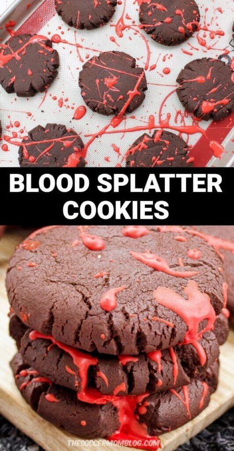 These blood splatter cookies are a truly creepy treat that’s the perfect addition to a Halloween party or movie night! Plus, they’re super fun to make! If you’re planning a Halloween party or a scary movie night, these bloody cookies from The Soccer Mom Blog are JUST the kind of devilish dessert you need! Party guests and trick or treaters alike are gonna love them!! Creepy Halloween Dessert Ideas, Scream Movie Themed Food, Friday The 13th Dessert Ideas, Friday The 13th Dessert, Scary Halloween Cookies Decorated, Halloween Chocolate Desserts, Horror Movie Themed Treats, Horror Movie Themed Snacks, Scream Movie Night Food