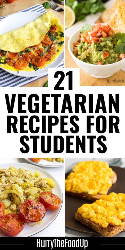 Vegetarian recipes for students are great whether you’re a new college or university student, or just looking for nutritious, quick and filling food on a budget. HurrytheFoodUp brings you a collection of student-inspired recipes that are the perfect place to start when trying to keep food on the cheap. there’s no reason to miss out on any essential nutrients or vitamins. Your brain will thank you for it! #vegetarian #budgetfriendly #cheap #quick #easy #recipes Vegetarian Recipes Non Dairy, Vegetarian Recipes Cheap Easy, Quick Vegetarian Dinner Recipes, Quick And Easy Dinner Recipes Healthy Vegetarian, Vegetarian College Recipes, Easy Cheap Vegetarian Recipes, Vegan Student Recipes, Recipes For University Students, Healthy Vegetarian Recipes Videos