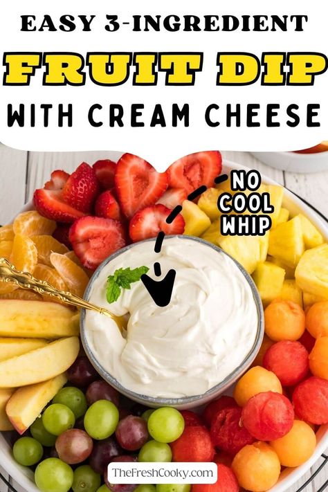 Easy 3-Ingredient Cream Cheese Fruit Dip Recipe • The Fresh Cooky Pomegranate Sangria Recipes, Fruit Dip With Cream Cheese, Marshmallow Fluff Fruit Dip, Cream Cheese Fruit Dip Recipe, Yogurt Fruit Dip, Fruit Dip Recipe, Easy Fruit Dip, Dip With Cream Cheese, Cream Cheese Fruit Dip