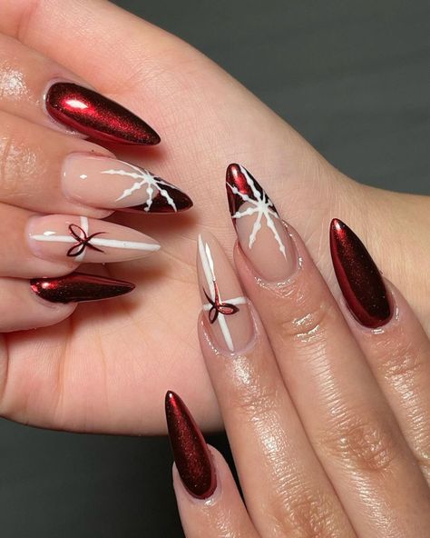 2. Metallic Red with Snowy Accents Gel X New Years Nails, 2024 Xmas Nails, Christmas X New Year Nails, French Tip For Christmas, Christmas Nail Almond Ideas, Dark Red Chrome Christmas Nails, Festive Nails 2024, Christmas Nail Inspo Almond Shape, Christmas/new Years Nail Ideas