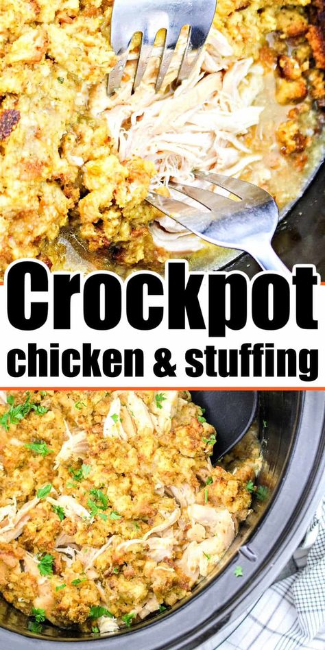 Chicken and stuffing Crockpot recipe. Breasts with Stove Top cooked together in a slow cooker to shredded, tender and delicious for dinner. Stuffing Crockpot, Crockpot Chicken And Stuffing, Stove Top Stuffing Recipes, Boneless Skinless Chicken Breast Recipes, Skinless Chicken Breast Recipes, Chicken Stuffing Casserole, Chicken And Stuffing, Chicken Stuffing, Chicken Breast Crockpot Recipes