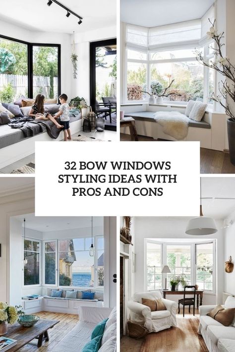 bow window styling ideas with pros and cons cover Bow Window Ideas, Bow Window Ideas Living Room, Bow Window Decor, Window Ideas Living Room, Bow Window Living Room, Bow Window Curtains, Bow Window Treatments, Window Ledge Decor, Bay Window Decorating Ideas