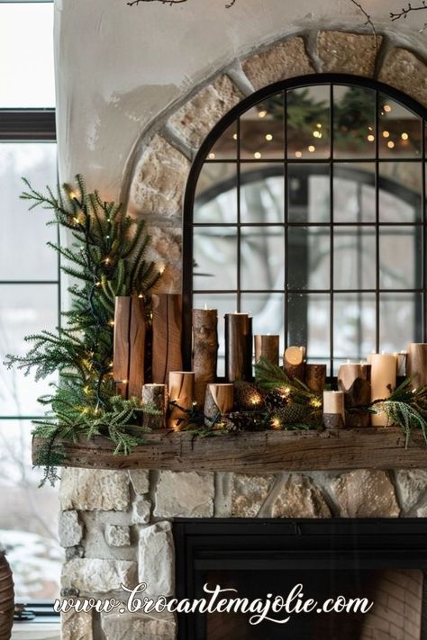 10 Jaw-Dropping Christmas Mantle Decor Ideas You Need to See - Brocante Ma Jolie Christmas Mantle With Wreath, White Christmas Mantels Mantles Decor, Window Frame Mantle Decor, Rustic Christmas Mantle Decor Ideas, Candles On Mantel Ideas, Christmas Mantle Mirrors, Candles On Mantle, Christmas Mantel With Glass Trees, Christmas Mantle With Gold Mirror