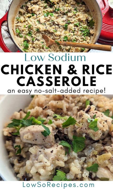 Low Sodium Chicken and Rice Casserole Recipe - Low So Recipes Low Sodium Chicken And Rice, Easy Dinner With Chicken Breast, Easy Dinner With Chicken, Low Sodium Chicken Breast Recipes, Dinner With Chicken Breast, Chicken Casserole With Rice, Low Sodium Desserts, Sodium Free Recipes, Casserole With Rice