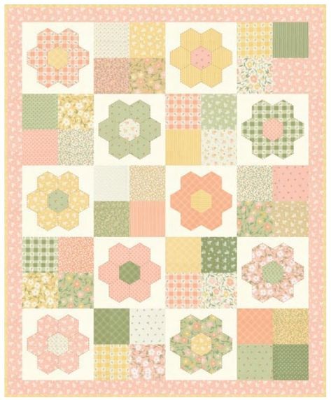 Hexi Hop Quilt Pattern and Quilt Kit ft. Flower Girl by My Sew Quilty Life! 40 1/2" x 49 1/2" finished. Hexie Flower Quilt, Pink And Yellow Quilt, Baby Girl Quilt Ideas, Baby Girl Quilt Patterns, Cute Quilt Patterns, Charm Pack Baby Quilt, Garden Quilt Pattern, Hop Flower, Girl Quilts Patterns