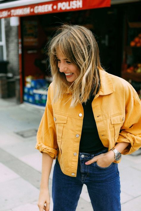 New Threads - Jeans Jacket - Ideas of Jeans Jacket #jeansjacket #jacket #jeans -  Yellow Denim Jacket from Weedkdays | Autumn outfit inspiration #Yellow Jean Outfit, Jacket Ideas, Yellow Jeans, Jean Jacket Outfits, Denim Jacket Outfit, Yellow Denim, Transition Outfits, Yellow Outfit, Yellow Jacket