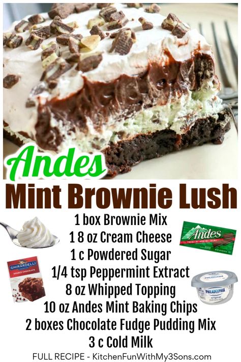 Easy Mint Brownies, Andes Mint Desserts, Andes Mint Pie Recipe, Chocolate Mint Desserts, Andes Mint Cake, Andes Mint Recipes, Andes Mints Brownies, Pudding Whipped Cream, Lush Desserts