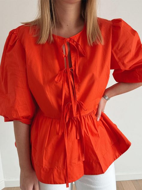 Women's striped lace-up shirt, Orange / M Shirts Streetwear, Peplum Tops, Laced Up Shirt, Streetwear Tops, Top Streetwear, Mini Robes, Plaid Blouse, Weave Style, Peplum Blouse