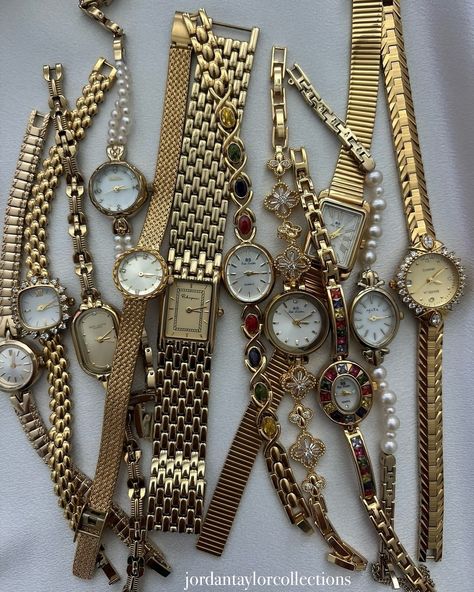 Vintage inspired watches- dainty edition!! These STUNNING pieces go with so many looks✨💗 #vintagewatches #goldjewelry #vintagebracelet #vintageinspired #goldwatch #smallbusiness #silverwatches #silverjewelry #watchcollection #summerinspo #jewelryinspo #pearljewelry #dainty #daintywatches Dainty Watches, Making Beaded Jewelry, Dainty Watch, Watch Bracelets, Jordan Taylor, Dark Jewelry, Vintage Jewlery, Dream Watches, Vintage Inspired Jewelry