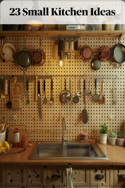 Hang a pegboard on a kitchen wall to efficiently utilize vertical space for storage. Customize it with hooks, shelves, and containers to organize utensils, pots, and pans, keeping them within easy reach Apartment Appliance Storage, Pegboard Kitchen Ideas, Peg Board Kitchen Wall, Pegboard In Kitchen, Pegboard Kitchen Organization, Small Kitchen Wall Storage, Small Kitchen Space Saving Ideas, Peg Board Kitchen, Pegboard Backsplash