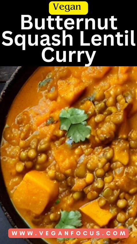 Butternut Squash Lentil Curry is an absolute gem and surprisingly easy to make! Those tender cubes of butternut squash and lentils soak up all that creamy coconut, spices and vegetable goodness. This curry makes a tasty dinner or lunch. It also can be made ahead of time, frozen and used on meal prep day. And the best part? It’s totally vegan and gluten-free!  Imagine serving this curry over a fluffy rice or tearing off a warm piece of naan to scoop up those delicious mouthfuls. Butternut And Lentil Curry, Butternut Squash Stew Vegan, Vegetable Curry Soup Recipes, Lentils Butternut Squash, Butternut Curry Recipe, Lentil Butternut Squash Curry, Lentil And Butternut Squash Recipes, Lentil Squash Curry, Lentils And Squash