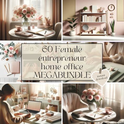 60 Feminine Workspace Ladyboss Female Entrepreneur Home Office Stlyed Stock Photos Megabundle With PLR and MRR Ready to Resell Digital Files - Etsy Womens Office Decor Ideas, Female Office Ideas, Cozy Office Decor, Feminine Home Office Classy, Womens Office Decor, Feminine Office Space, Glam Office Decor, Feminine Office Decor, Sunroom Office