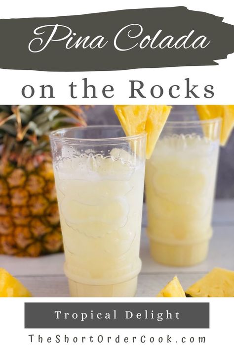 Two glasses of pina colada on crushed ice with pineapple wedges for garnish, Pina Colada Mixer Recipes, Coconut Water Pina Colada, Pina Colada Mix Recipe Drinks, Coconut Pina Colada Recipe, Non Blended Pina Colada, Pina Colada Mocktail On The Rocks, Light Pina Colada Recipe, Tequila Pina Colada, Pina Colada With Tequila