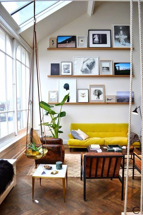 floating shelves Tall Wall Decor, Studio Workshop, Yellow Sofa, Perfect Living Room, Casa Vintage, The Loft, Post Modern, Apartment Living Room, Home Fashion