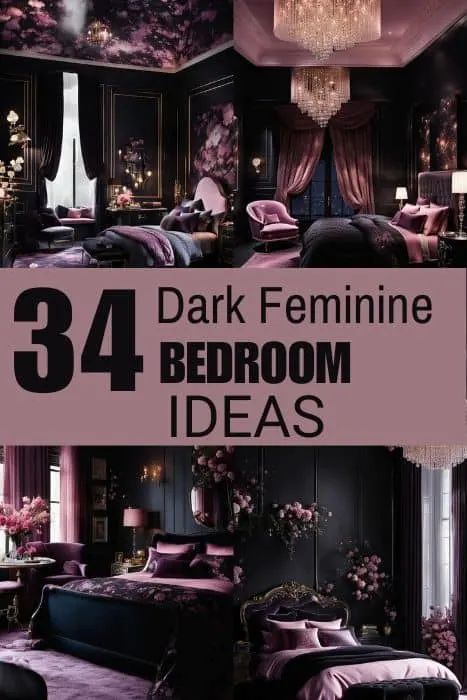 Dark Moody Witchy Bedroom, Dark Relaxing Bedroom, Mauve Gothic Bedroom, Best Craft Room Ideas, Mauve Moody Bedroom, Dark Floral Bedroom Ideas, Romantic Dark Bedroom Ideas Cozy, Black Master Bedrooms Decor Cozy, Gothic Revival Bedroom