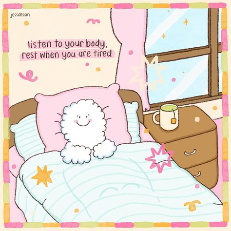 Embrace the power of rest. It’s a chance to recharge and come back stronger.☁️💖 #jessdessin #mrbubbles #fenbobo #nimbus #illustration #cuteillustration Bubblegum Core Aesthetic, Rest Day Aesthetic, Quotes To Feel Better, Quotes About Rest, Rest Quote, In Bed Aesthetic, September Mood, Preppy Quotes, Cute Motivational Quotes