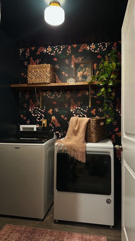 Laundry Room Ideas Cottagecore, Small Closet With Wallpaper, Moody Eclectic Entryway, Boho Style Laundry Room, Pink Boho Laundry Room, Dark Eclectic Laundry Room, Small Boho House Ideas, Laundry Room Makeover With Wallpaper, Cottagecore Laundry Room Ideas