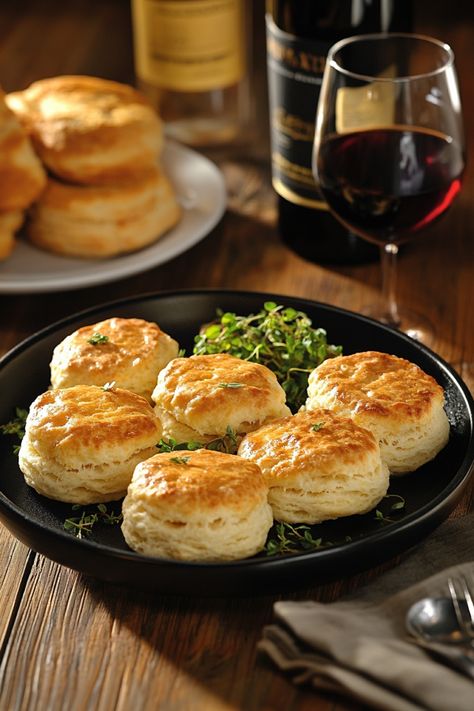 Flaky biscuits on a black plate with herbs, accompanied by a glass of red wine. Gf Cheddar Biscuits, Gluten Free Egg Free Biscuits, King Arthur Gluten Free Biscuits, Gluten Free Chicken And Biscuits, Gluten Free Bisquick Biscuits, Gluten Free Tea Biscuits, Homemade Gluten Free Biscuits, Gluten Free Drop Biscuits Easy, Fluffy Gluten Free Biscuits