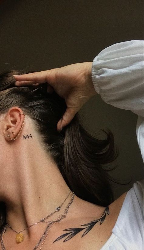 Tattoo Behind The Ear Women, Small 444 Tattoo Behind Ear, 444 Tattoo Back Of Neck, 111 Behind Ear Tattoo, 444 Neck Tattoos Women, 444 Tattoo Ideas Behind Ear, 444 Behind The Ear Tattoo, 444 Tattoo On Neck, 444 Ear Tattoo