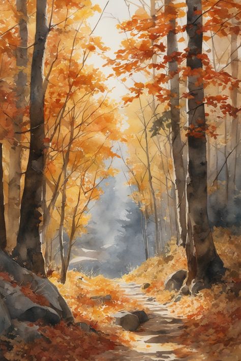 Autumn Forest Watercolor, Fall Forest Watercolor, Autumn Forest Drawing, Autumn Landscape Drawing, Autumn Watercolor Landscapes, Fall Watercolor Landscape, Autumn Watercolor Paintings, Autumn Trees Painting, Autumn Forest Painting