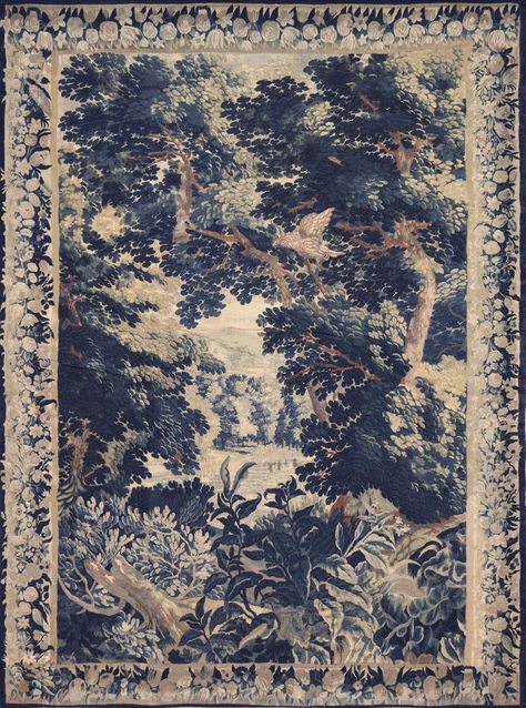 Flemish Verdure Tapestry, Belgium, 17th Century, #10129 | Mansour Wooded Landscape, Vine Border, Tree Stump, Floral Vine, 17th Century, Antique Rugs, Belgium, Philosophy, Persian