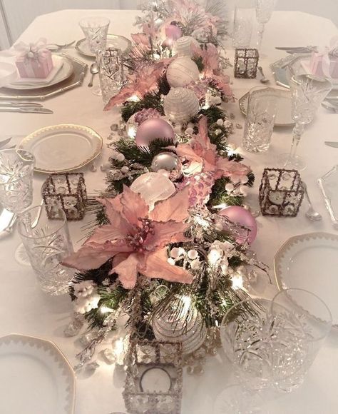 Pink And Silver Christmas Decorations, Rose Gold Christmas Centerpieces, Pink White Silver Table Decor, Pink Poinsettia Centerpiece, Pink And Silver Christmas Table, Pink Holiday Tablescape, Christmas Pink Table Decor, Pink And Gold Christmas Table Decor, Rose Gold Christmas Table Setting