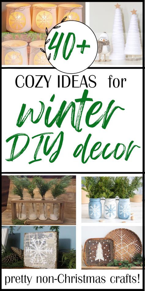 Are you looking January home decor ideas? Check out these DIY Winter decor ideas for the home! If you love rustic winter decor, farmhouse winter decorating, woodland themes, and easy Dollar Tree crafts, you'll find something you love among these January crafts! Perfect for after Christmas in winter whites, pine greens, and frosty blues! Take a look at these non-Christmas decor ideas for winter that are simple DIY projects! Winter Decor Post Christmas, Diy Winter Party Decor, Winter Forest Christmas Decor Diy, Rustic Farmhouse Winter Decor, Diy January Decor, January Winter Crafts For Adults, Dollar Store Winter Decor, Dollar Tree Crafts Diy Christmas Decor 2024, Diy Winter Trees