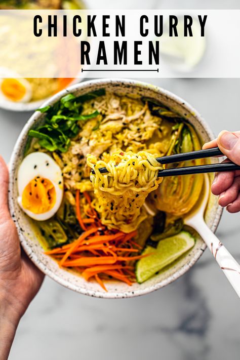 Chicken Curry Ramen Noodle Recipes, Coconut Curry Ramen Noodles, Yellow Curry Ramen, Thai Coconut Curry Ramen, Yellow Curry Noodle Soup, Spicy Coconut Curry Ramen, Curry Ramen Noodle Recipes, Ramen Noodle Recipes Chicken, Yellow Curry Noodles