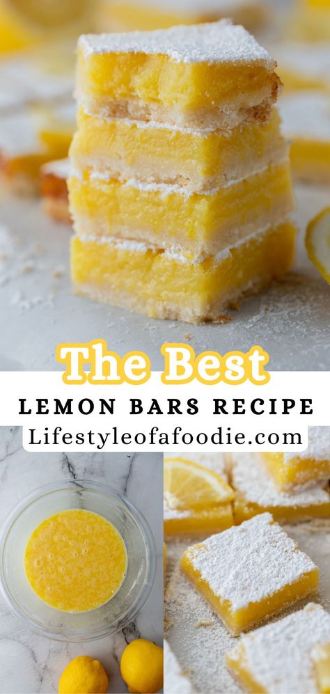 This easy lemon bars recipe is the best way to indulge in sweets during the hot summer months. Made with a crisp shortbread crust and a filling that has an intense lemon flavor, these homemade lemon bars will satisfy the ultimate lemon craving. Desserts Lemon Bars, Easy Lemon Slice Recipe, Lemon Curd Lemon Bars, Thick Lemon Bars, Best Lemon Bar Recipe, 1 Lemon Recipes, Limoncello Bars Recipe, Recipes Using Meyer Lemons, Easy Lemon Bars Recipe