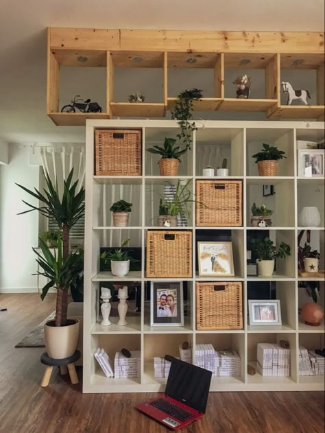 21+ Easy Junk Room Storage Ideas That Will Transform Your Space - From Lemons To Luxury Open Concept Storage Ideas, Cube Storage Room Divider, Small Place Storage Ideas, Shelf Storage Ideas Organizing, Ikea Cubes Ideas, Small Living Room Storage Ideas, Room Divider Plants, Kallax Inspiration, Room Divider Apartment