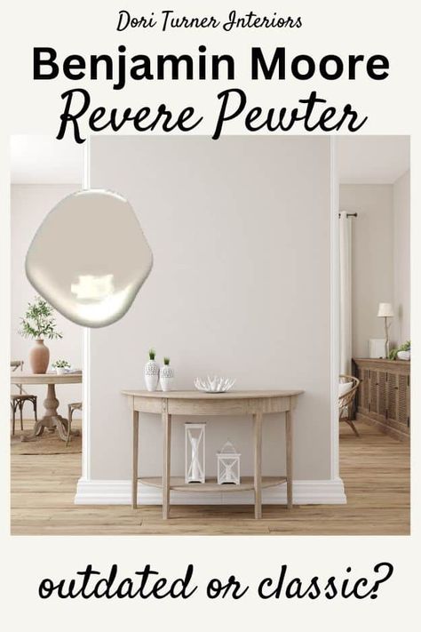 Revere Pewter by Benjamin Moore is one of their most popular paint colors. But with the trend moving away from gray, is this shade outdated? See why homeowners still love this versatile color that boasts a hint of beige and pairs beautifully with a variety of different accent colors. Great for interiors and the exterior of your home, too! You'll love this greige shade! White Dove With Revere Pewter, Revere Pewter Behr Match, Revere Pewter Walls And Trim, Pashmina Vs Revere Pewter, Alabaster And Revere Pewter, Revere Pewter Lightened 50%, Revere Pewter 50% Lighter, Reverse Pewter, Revere Pewter Coordinating Colors