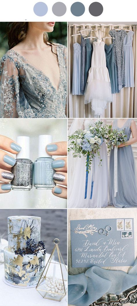 Silver Gray Dusty Blue wedding color decoration ideas wedding combo Wedding Palette Spring, Blue And Silver Wedding, Palette Winter, Palette Spring, Wedding Color Schemes Blue, Palette Summer, Gray Wedding Colors, Blue Winter Wedding, Wedding Color Palettes