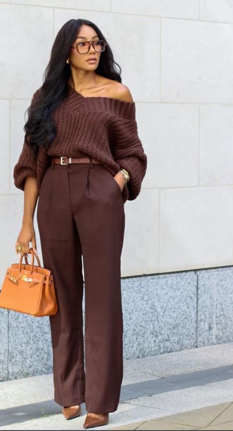 Neutral Wardrobe Black Women, Winter Women’s Office Outfit, Brown Pants Outfit Dressy, Neutral Dressy Outfit, Business Casual Outfits For Black Women Winter, Winter Outfits Uk Style Women, Monochromatic Outfit Work Wear, Elegant Neutral Outfits, Chic Clothing Style Classy