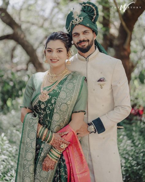 Ruturaj Gaikwad Marries Utkarsha Pawar In A Maharashtrian Wedding Engagement Couple Dress, Ruturaj Gaikwad, Wedding Matching Outfits, Maharashtrian Wedding, Reception Gowns, Marathi Bride, Engagement Look, Marathi Wedding, Indian Wedding Poses