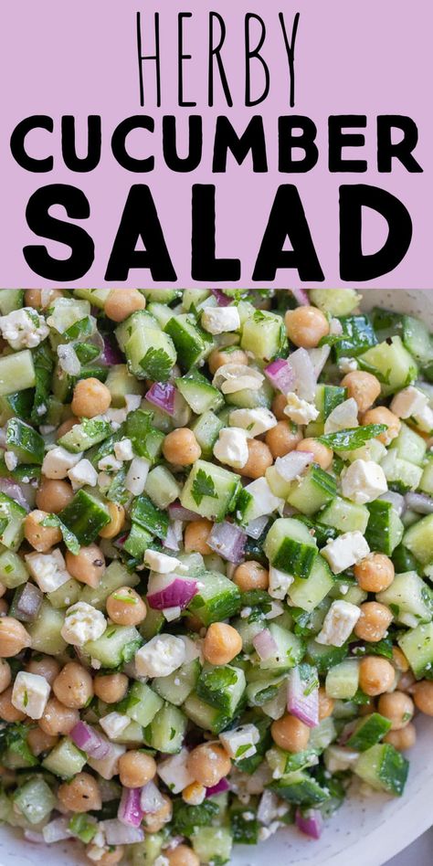 Salad Recipes Potluck, Cucumber Smashed Salad, Salad Ideas Cucumber, Low Salt Side Dishes, Garbanzo Bean Cucumber Salad, Summer Lunch Sides, Last Minute Side Dishes Parties, Herby Cucumber Salad With Feta And Chickpeas, Greek Cucumber Salad Feta