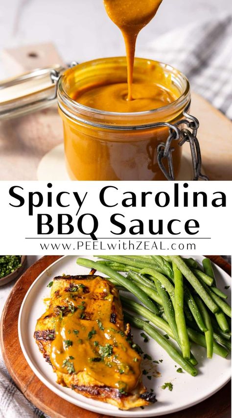 Skip the tomato-based BBQ sauce this summer and make this Spicy Carolina Gold BBQ sauce instead. This easy recipe is packed with sweet, spicy, and tangy flavors, perfect for basting chicken and pork, and will elevate your next cookout! Carolina Mustard Bbq Sauce, Carolina Gold Bbq Sauce, Mustard Based Bbq Sauce, Gold Bbq Sauce, Sauce For Grilled Chicken, Carolina Bbq Sauce, Mustard Bbq Sauce, Gluten Free Comfort Food, Gluten Free Recipes For Lunch