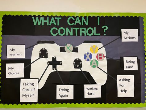 An x box controller with different parts labeled as “what I can control” for example, my mindset, my choices, my actions, etc. Coping Skills Bulletin Board Middle School, College Bulletin Boards Elementary, Growth Mindset Board Classroom, School Bulliten Boards Elementary, English And Spanish Bulletin Board, Things In My Control Bulletin Board, Resiliency Bulletin Board, Pbis Bulletin Board Ideas, Therapy Room Bulletin Board Ideas