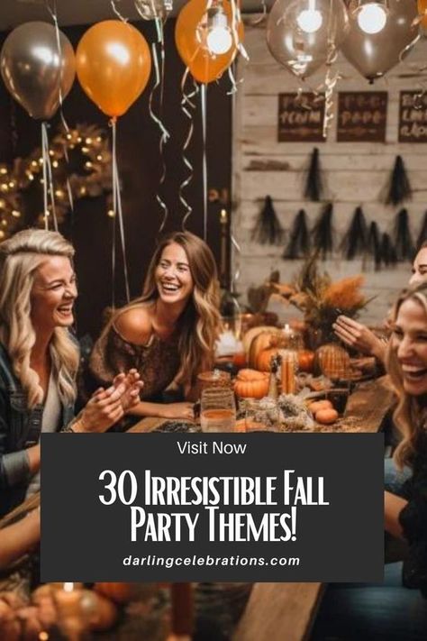 Embrace the cozy vibes of fall with the ultimate list of 30 Fall party ideas! 🍂🍁✨ From pumpkin carving to harvest-themed decorations, these ideas will make your autumn gatherings unforgettable. Whether you're planning a fall kids party, a family get-together, or just some good old-fashioned fall fun, these creative and festive suggestions have you covered. Grab a cup of cider and let the fall festivities begin! 🎃🎉 #FallPartyIdeas #AutumnFun #CozyCelebration Fall Themed 60th Birthday Party, October Get Together Ideas, Birthday Party Ideas For October, 30th Birthday Fall Theme, 40th Birthday Fall Theme, Fall Themed Get Together, Fall Kickoff Party, October Party Ideas Adults, Fall Food Themes For Parties