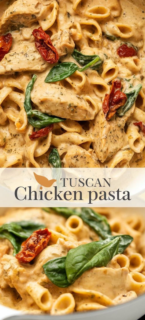 Tuscan Chicken Pasta – Indulge in the vibrant flavors of Tuscan chicken pasta! Juicy chicken, sun-dried tomatoes, and fresh spinach come together in a creamy sauce that perfectly coats al dente pasta, creating a comforting meal that's sure to impress. Tuscan Veggie Pasta, Air Fryer Tuscan Chicken, Tucson Chicken Pasta, Cajun Chicken Pasta Sun Dried Tomatoes, Sonora Chicken Pasta Ruby Tuesdays, Pasta Tuscan Chicken, Pena Pasta Recipes, Kale Chicken Pasta, Tuscany Chicken Pasta Recipe