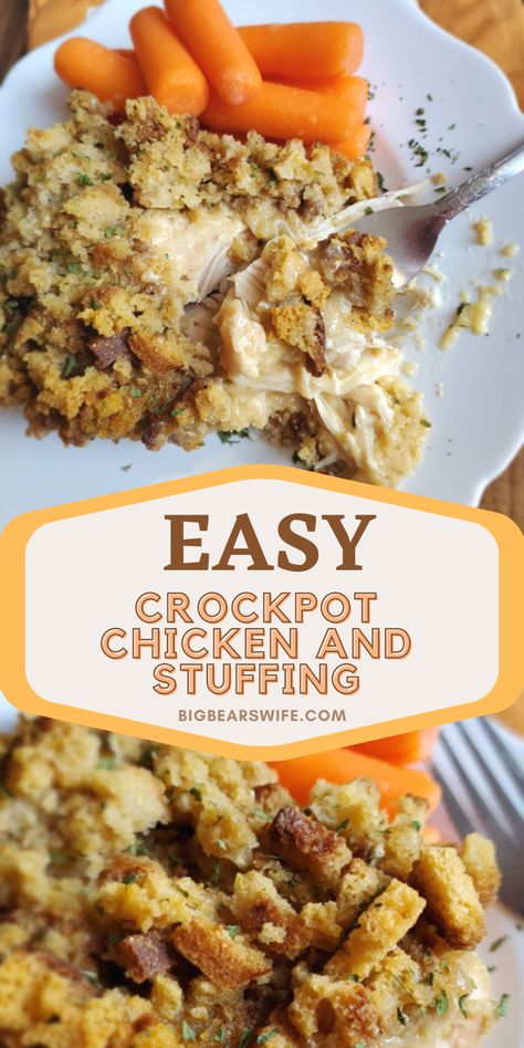 This Slow Cooker Crockpot Chicken and Stuffing recipe reminds me of a meal that my mom would have made when I was growing up! Toss a few easy ingredients into the slow cooker and dinner will be ready without much work at all! This 1980s Slow Cooker Chicken and Stuffing only takes about 5 minutes to toss together! via @bigbearswife Recipes With Chicken Tenderloins Crock Pots, Crock Pot Stove Top Chicken, Chicken Broccoli Crockpot Recipes Easy, Slow Cooker Stove Top Chicken, Crockpot Chicken Recipes With Stove Top Dressing, Crock Pot Chicken With Stove Top Stuffing, Chicken Broccoli Stuffing Crockpot, Frozen Chicken And Stuffing Crockpot, Turkey Tenderloin And Stuffing Crockpot